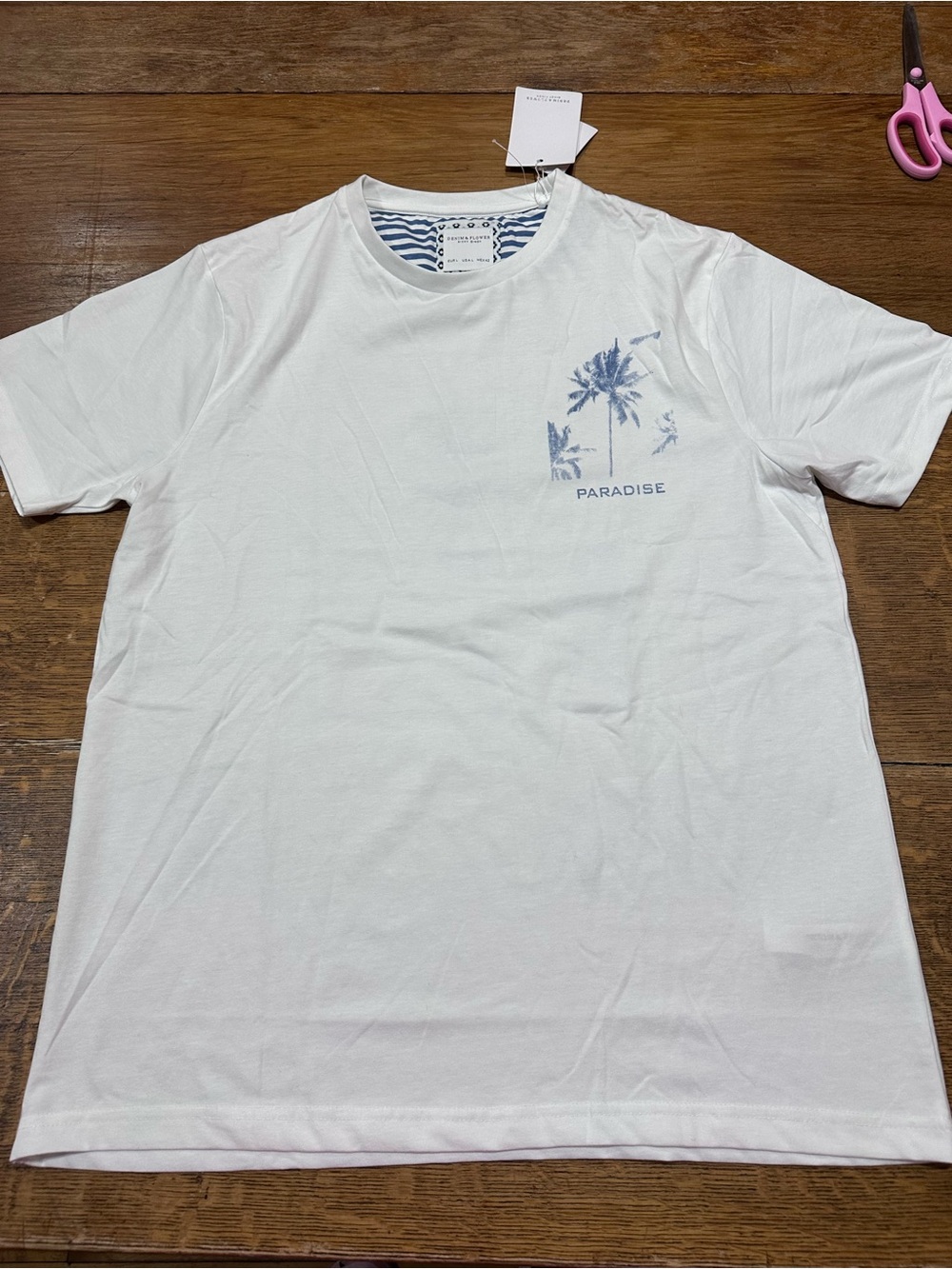 Denim & Flower NWT White Tee with Blue Palm Graphic